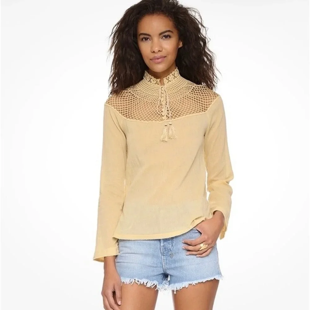 Free People Yellow Cotton Gauze Crochet Yoke Tassel Boho Top XS